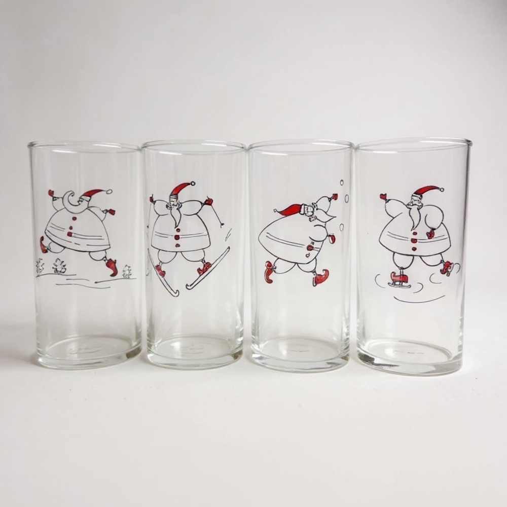 Precidio Sporty Santa Graphic 8oz. Juice Glass Set of 4 Original Box NWOT